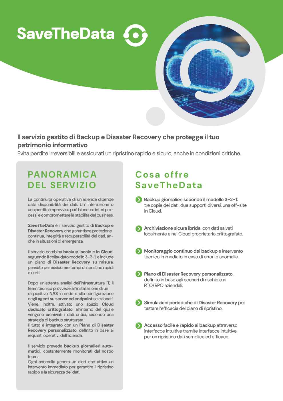 Scheda Tecnica - SaveTheData, il servizio gestito di Backup e Disaster Recovery.
