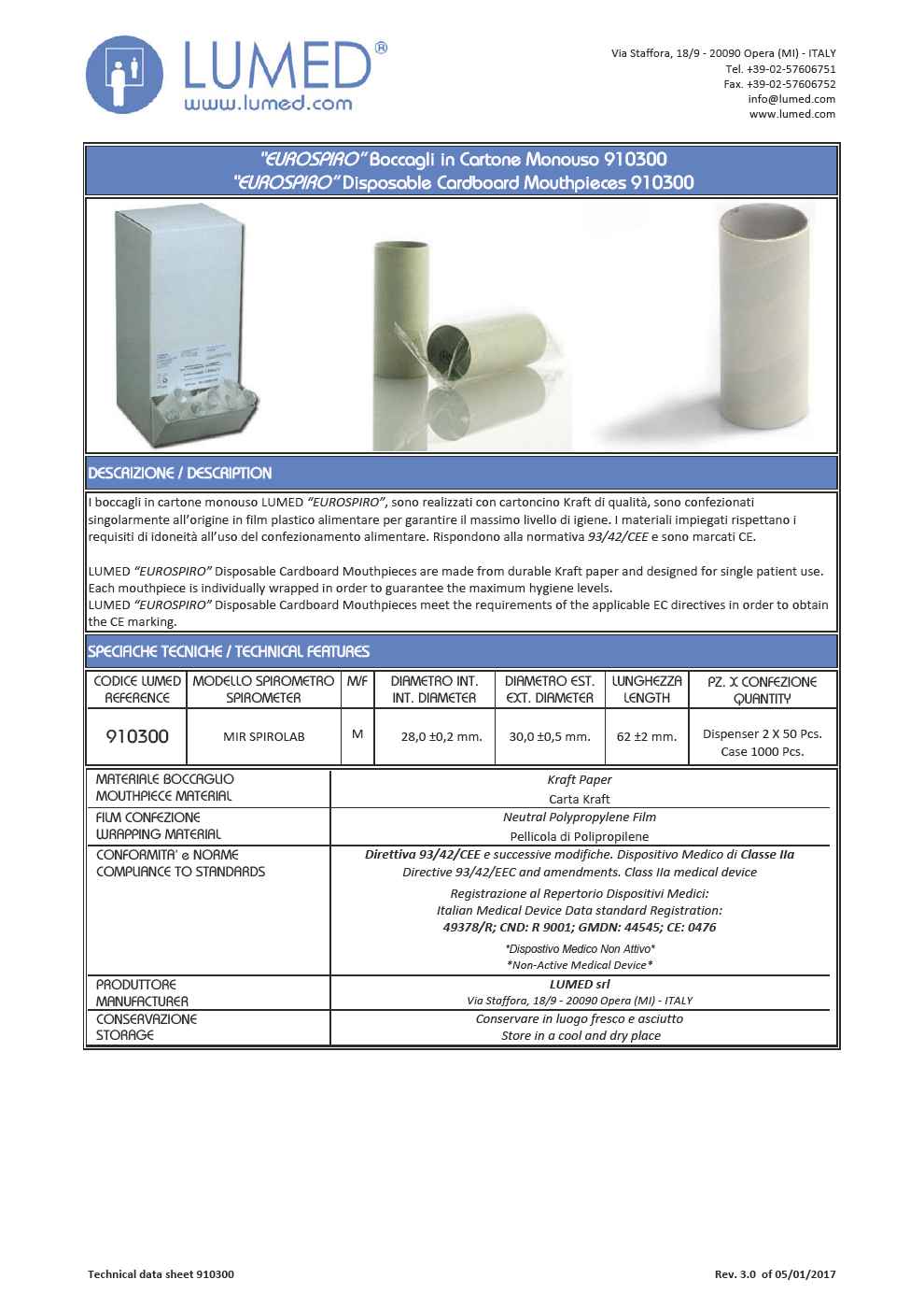 Boccagli monouso in cartone per spirometria, confezionati singolarmente