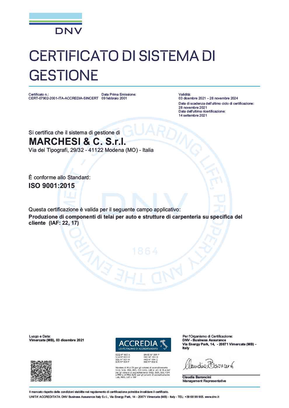 Certificato di sistema di gestione