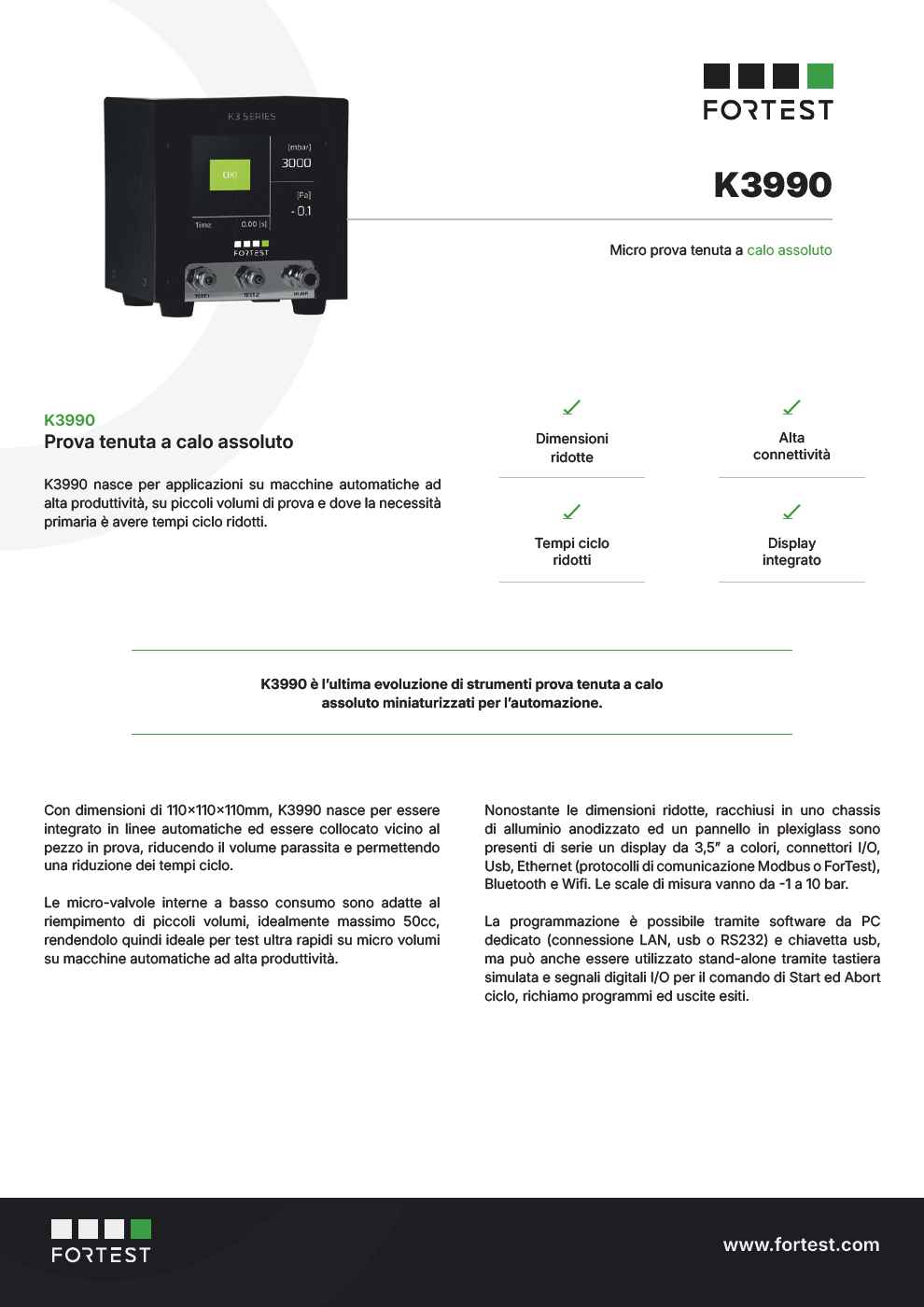 Strumento prova tenuta miniaturizzato a calo assoluto K3990