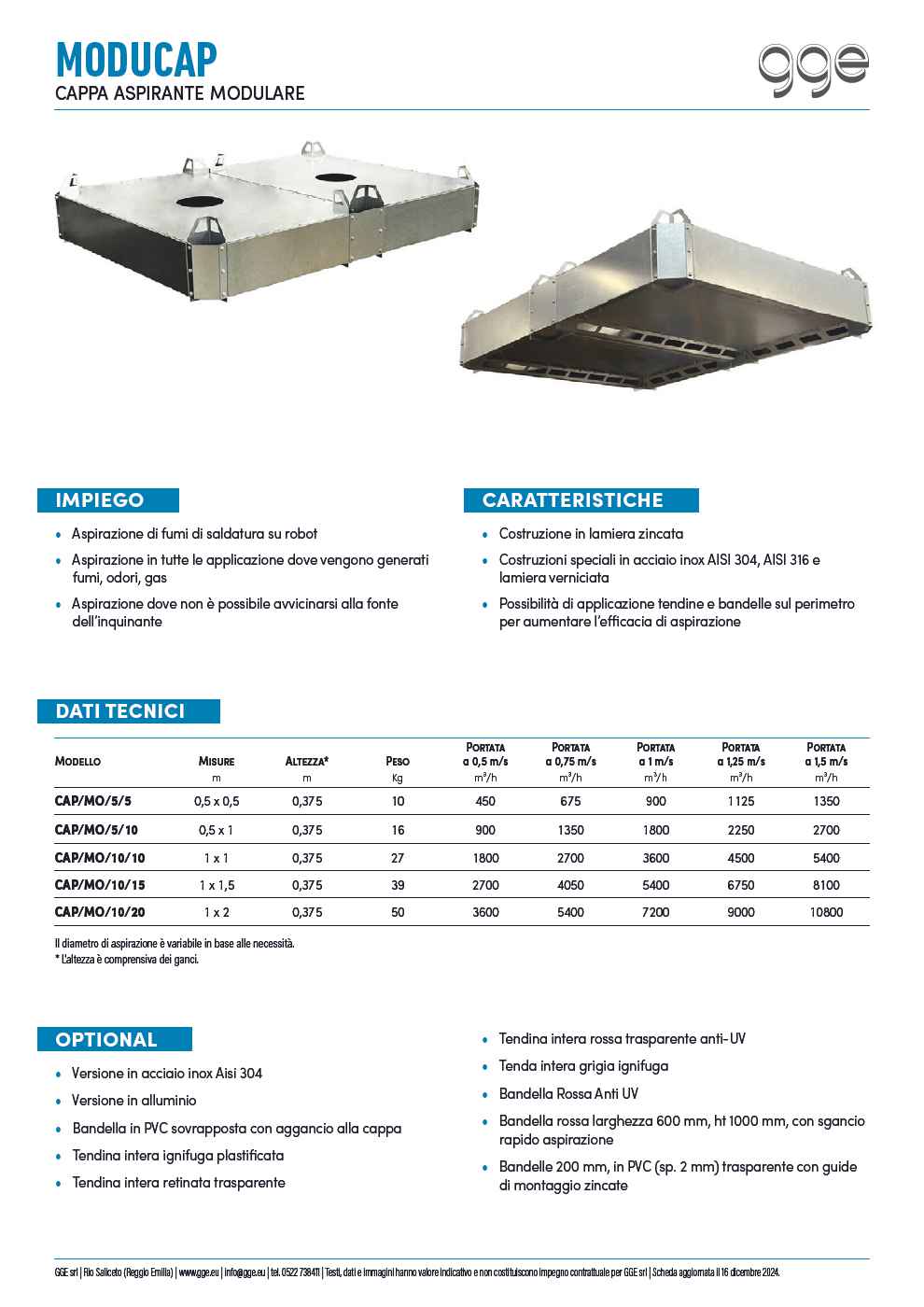 Cappa Moducap - scheda tecnica