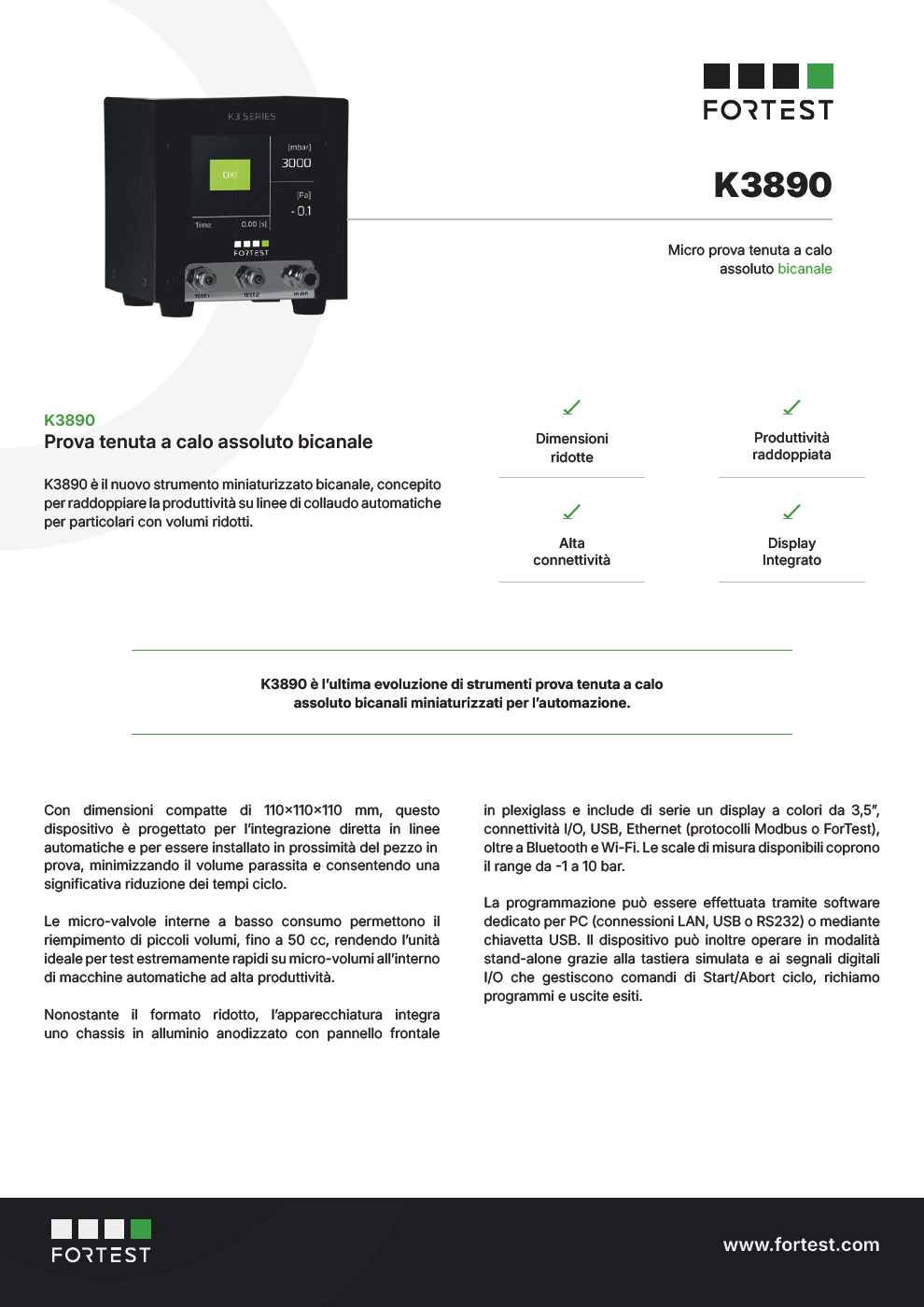 Strumento prova tenuta miniaturizzato bicanale K3890